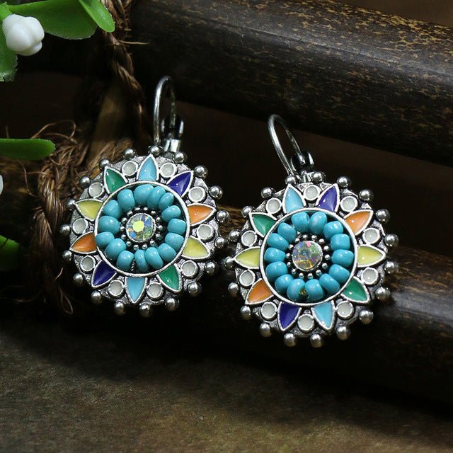 Mandala Earrings with Multicolour Opal and Crystal in Sterling Silver