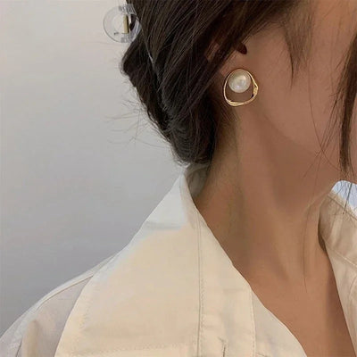 Pearl with Gold Triangle Earrings